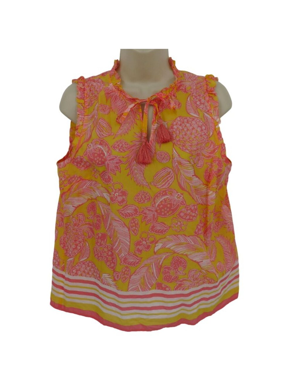 Talbots Women Medium Petite MP Pink Orange Tropical Fruit Leaf Blouse Shirt NEW